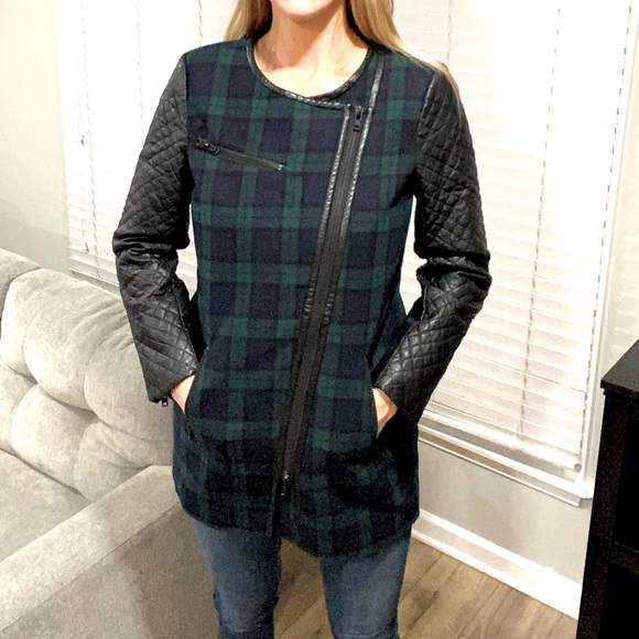 W118 by Walter Baker Jackets & Blazers - NWT WALTER BAKER 118 Sadie Blue Green Plaid Faux Leather Sleeve Coat MED